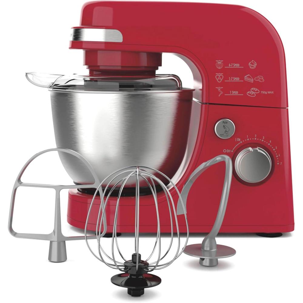 imageHamilton Beach Electric Stand Mixer 4 Quarts Dough Hook Flat Beater Attachments Splash Guard 7 Speeds with Whisk WhiteRed
