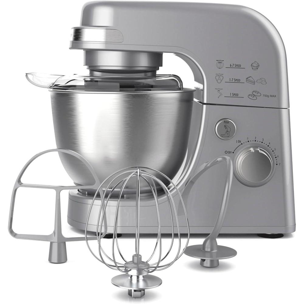 imageHamilton Beach Electric Stand Mixer 4 Quarts Dough Hook Flat Beater Attachments Splash Guard 7 Speeds with Whisk WhiteSilver