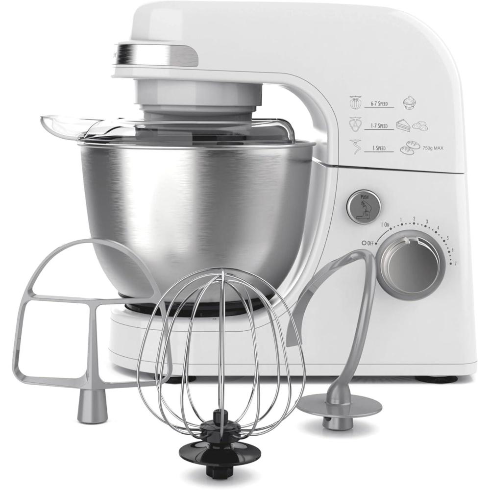 imageHamilton Beach Electric Stand Mixer 4 Quarts Dough Hook Flat Beater Attachments Splash Guard 7 Speeds with Whisk WhiteWhite