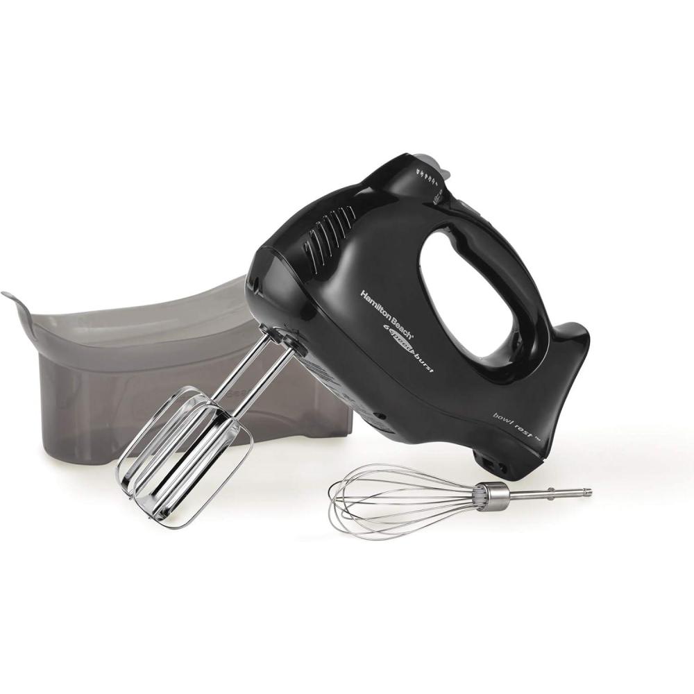 imageHamilton Beach Power Deluxe 6Speed Electric Hand Mixer with SnapOn Storage Case QuickBurst Beaters Whisk Powerful 250 Watt Motor Bowl Rest White 62695VBlack