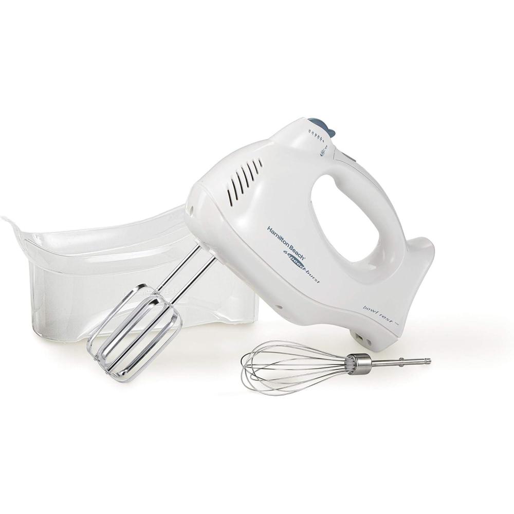 imageHamilton Beach Power Deluxe 6Speed Electric Hand Mixer with SnapOn Storage Case QuickBurst Beaters Whisk Powerful 250 Watt Motor Bowl Rest White 62695VWhite