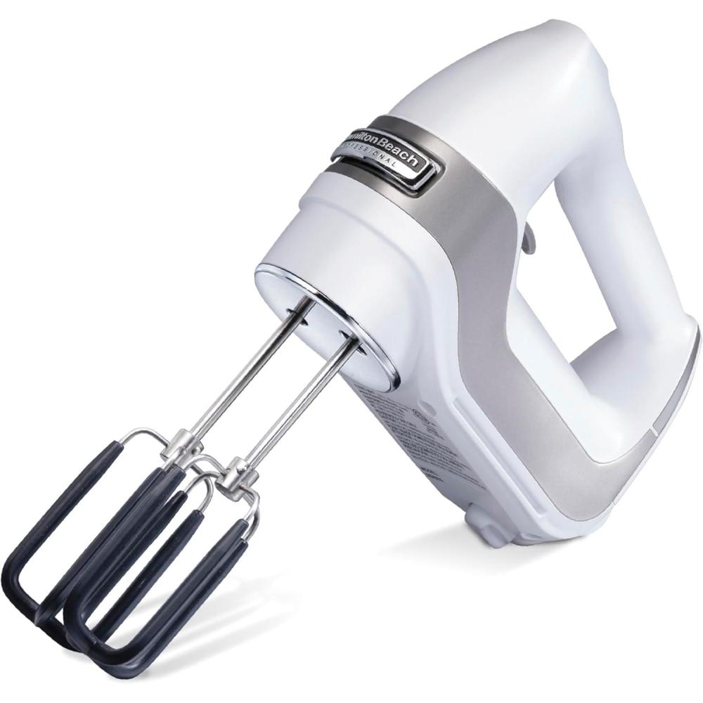 imageHamilton Beach Professional 7Speed Digital Electric Hand Mixer with HighPerformance DC Motor Slow Start SnapOn Storage Case SoftScrape Beaters Whisk Dough Hooks White 62656White