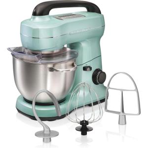 Hamilton Beach Electric Stand Mixer, 4 Quarts, Dough Hook, Flat Beater Attachments, Splash Guard, 7 Speeds with Whisk, Easy-Carry Top Handle, Blue(Aqua)
