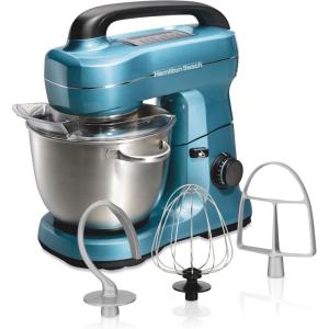 Hamilton Beach Electric Stand Mixer, 4 Quarts, Dough Hook, Flat Beater Attachments, Splash Guard, 7 Speeds with Whisk, Easy-Carry Top Handle, Blue(Blue)