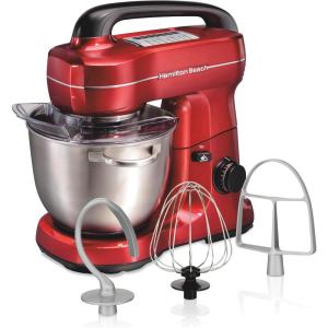 Hamilton Beach Electric Stand Mixer, 4 Quarts, Dough Hook, Flat Beater Attachments, Splash Guard, 7 Speeds with Whisk, Easy-Carry Top Handle, Blue(Red)