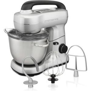 Hamilton Beach Electric Stand Mixer, 4 Quarts, Dough Hook, Flat Beater Attachments, Splash Guard, 7 Speeds with Whisk, Easy-Carry Top Handle, Blue(Silver)