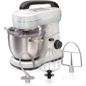 Hamilton Beach Electric Stand Mixer, 4 Quarts, Dough Hook, Flat Beater Attachments, Splash Guard, 7 Speeds with Whisk, Easy-Carry Top Handle, Blue(White)