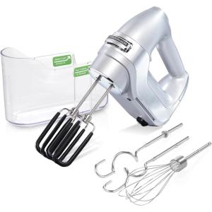 Hamilton Beach Professional 7-Speed Digital Electric Hand Mixer with High-Performance DC Motor, Slow Start, Snap-On Storage Case, SoftScrape Beaters, Whisk, Dough Hooks, White (62656)(Silver and Chrome)