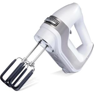Hamilton Beach Professional 7-Speed Digital Electric Hand Mixer with High-Performance DC Motor, Slow Start, Snap-On Storage Case, SoftScrape Beaters, Whisk, Dough Hooks, White (62656)(White)