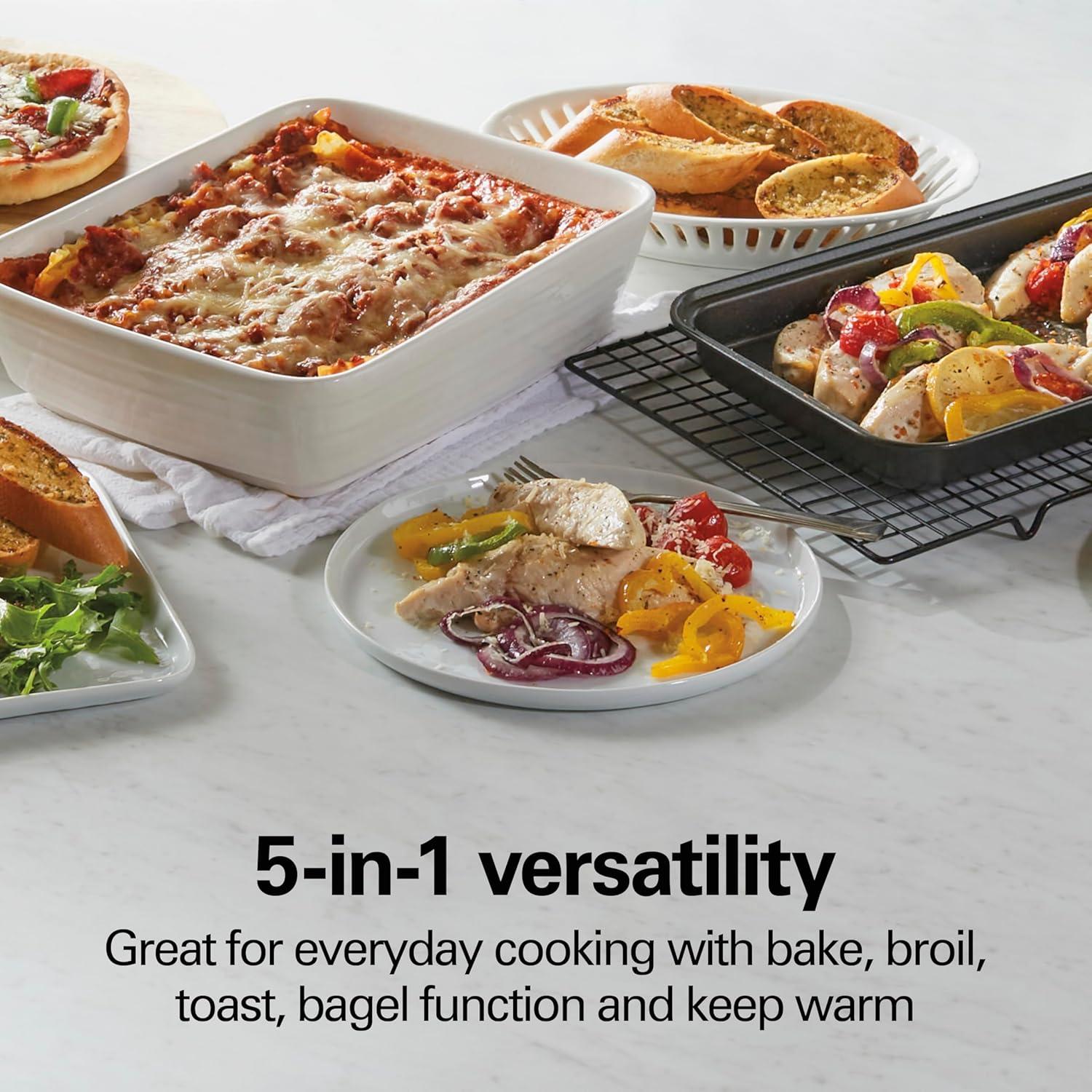 imageHamilton Beach 4Slice Toaster Oven with 5 Cooking Modes Bake Broil Keep Warm Toast amp Bagel with Stay On amp Auto Shutoff 2 Rack Positions 1100 Watts and 3 Accessories Stainless Steel 31143