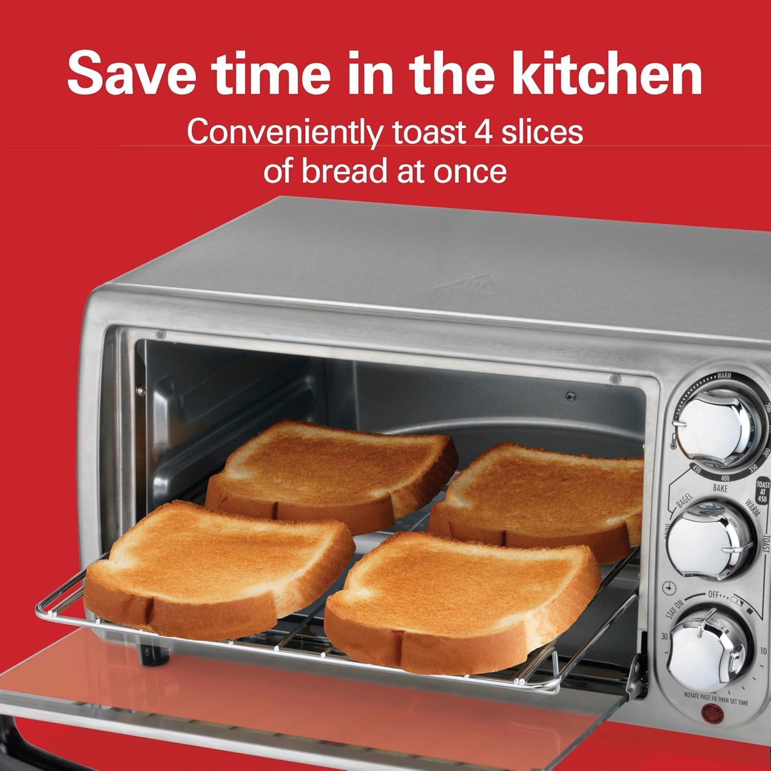 imageHamilton Beach 4Slice Toaster Oven with 5 Cooking Modes Bake Broil Keep Warm Toast amp Bagel with Stay On amp Auto Shutoff 2 Rack Positions 1100 Watts and 3 Accessories Stainless Steel 31143
