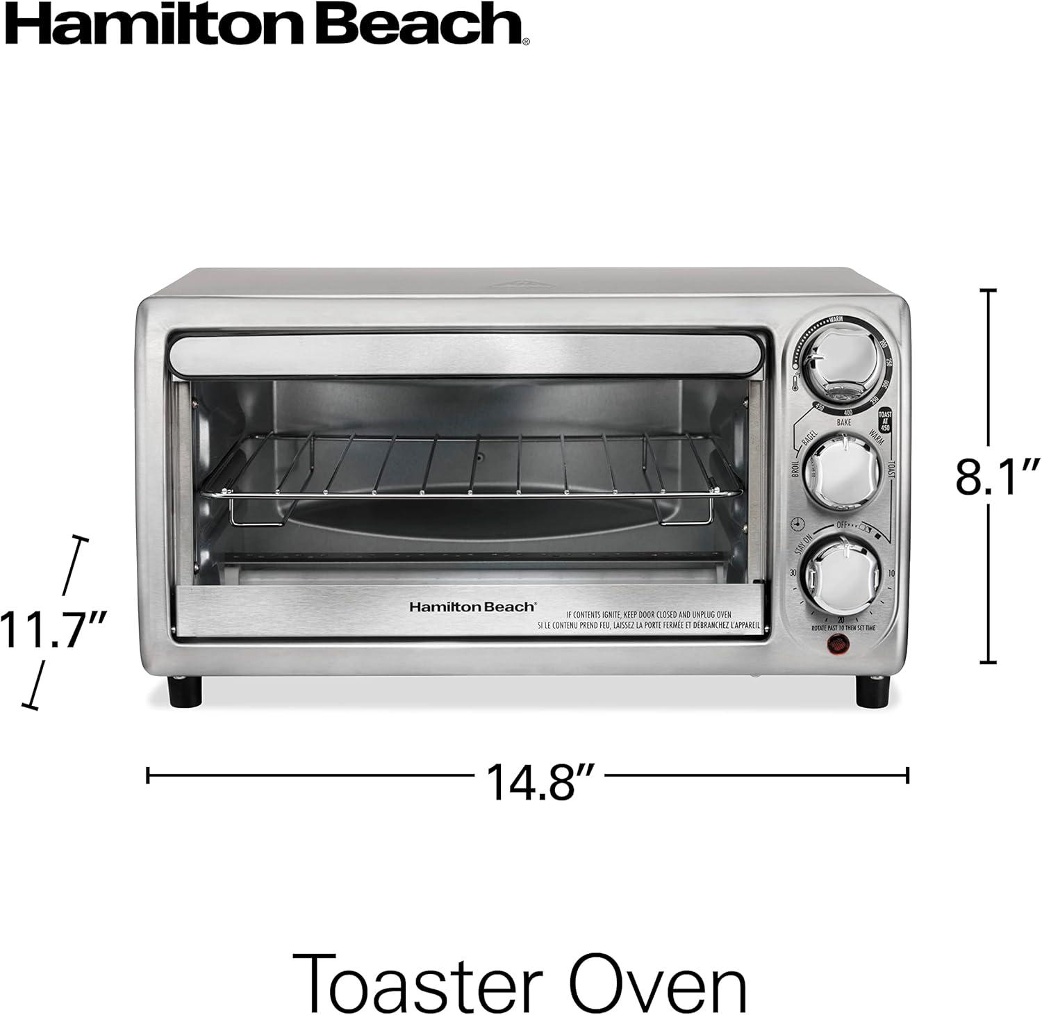 imageHamilton Beach 4Slice Toaster Oven with 5 Cooking Modes Bake Broil Keep Warm Toast amp Bagel with Stay On amp Auto Shutoff 2 Rack Positions 1100 Watts and 3 Accessories Stainless Steel 31143