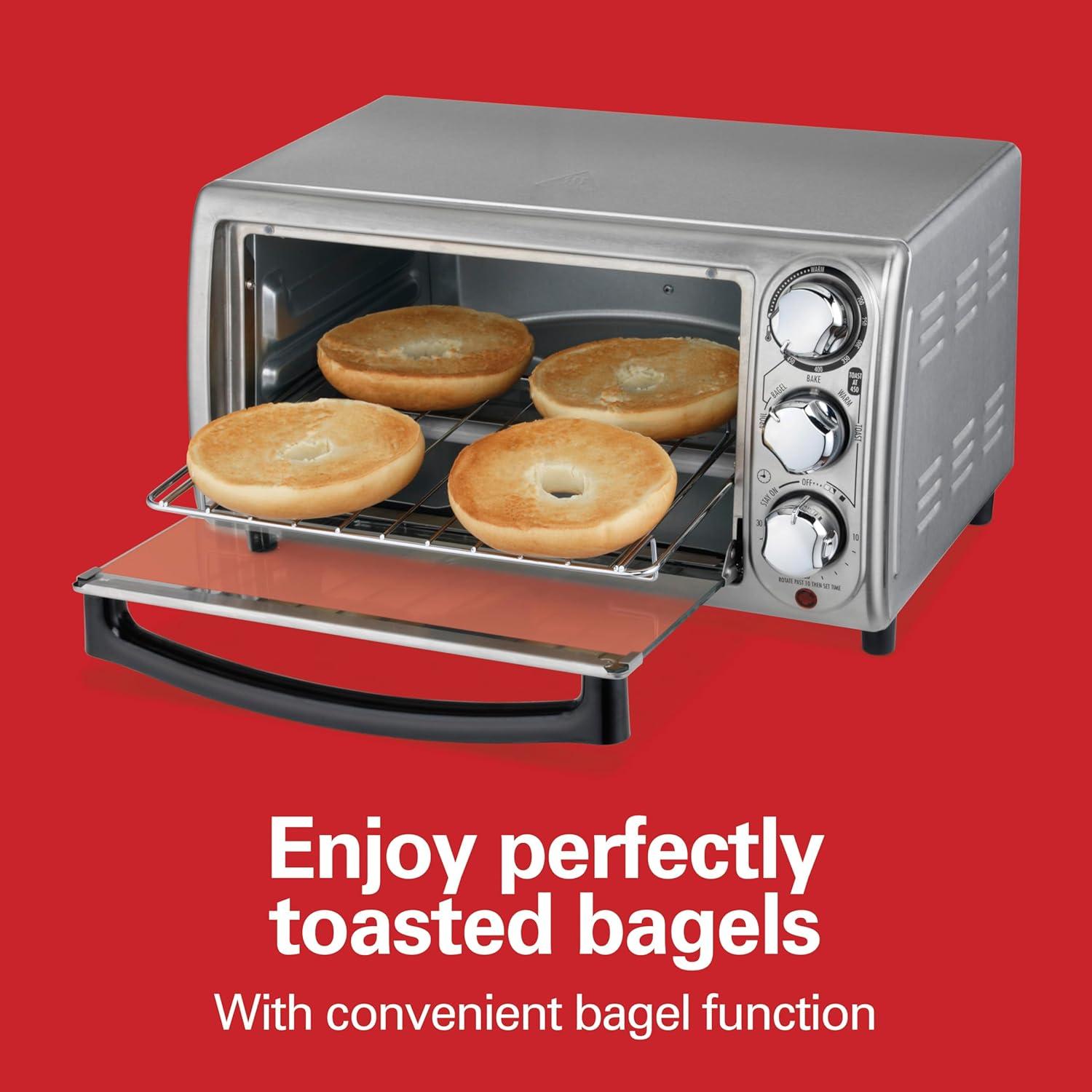 imageHamilton Beach 4Slice Toaster Oven with 5 Cooking Modes Bake Broil Keep Warm Toast amp Bagel with Stay On amp Auto Shutoff 2 Rack Positions 1100 Watts and 3 Accessories Stainless Steel 31143
