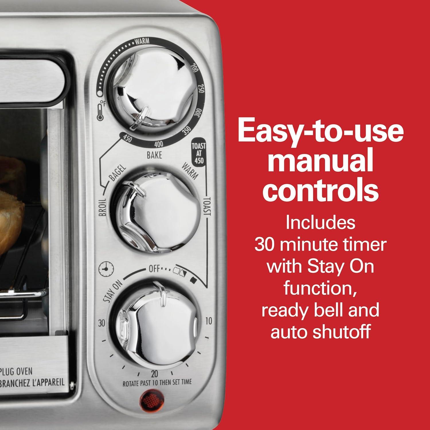imageHamilton Beach 4Slice Toaster Oven with 5 Cooking Modes Bake Broil Keep Warm Toast amp Bagel with Stay On amp Auto Shutoff 2 Rack Positions 1100 Watts and 3 Accessories Stainless Steel 31143
