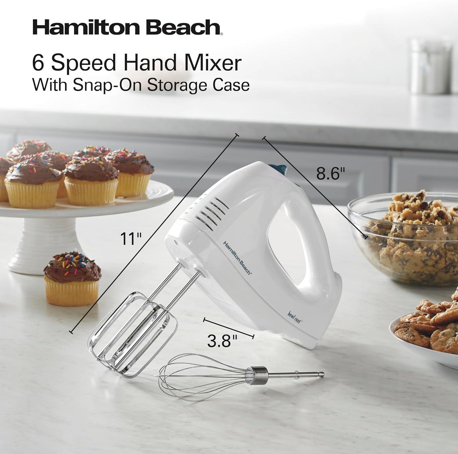 imageHamilton Beach 6Speed Electric Hand Mixer with Whisk Traditional Beaters SnapOn Storage Case 250 Watts White1