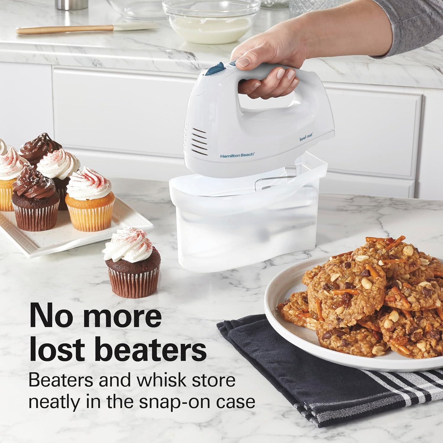 imageHamilton Beach 6Speed Electric Hand Mixer with Whisk Traditional Beaters SnapOn Storage Case 250 Watts White1