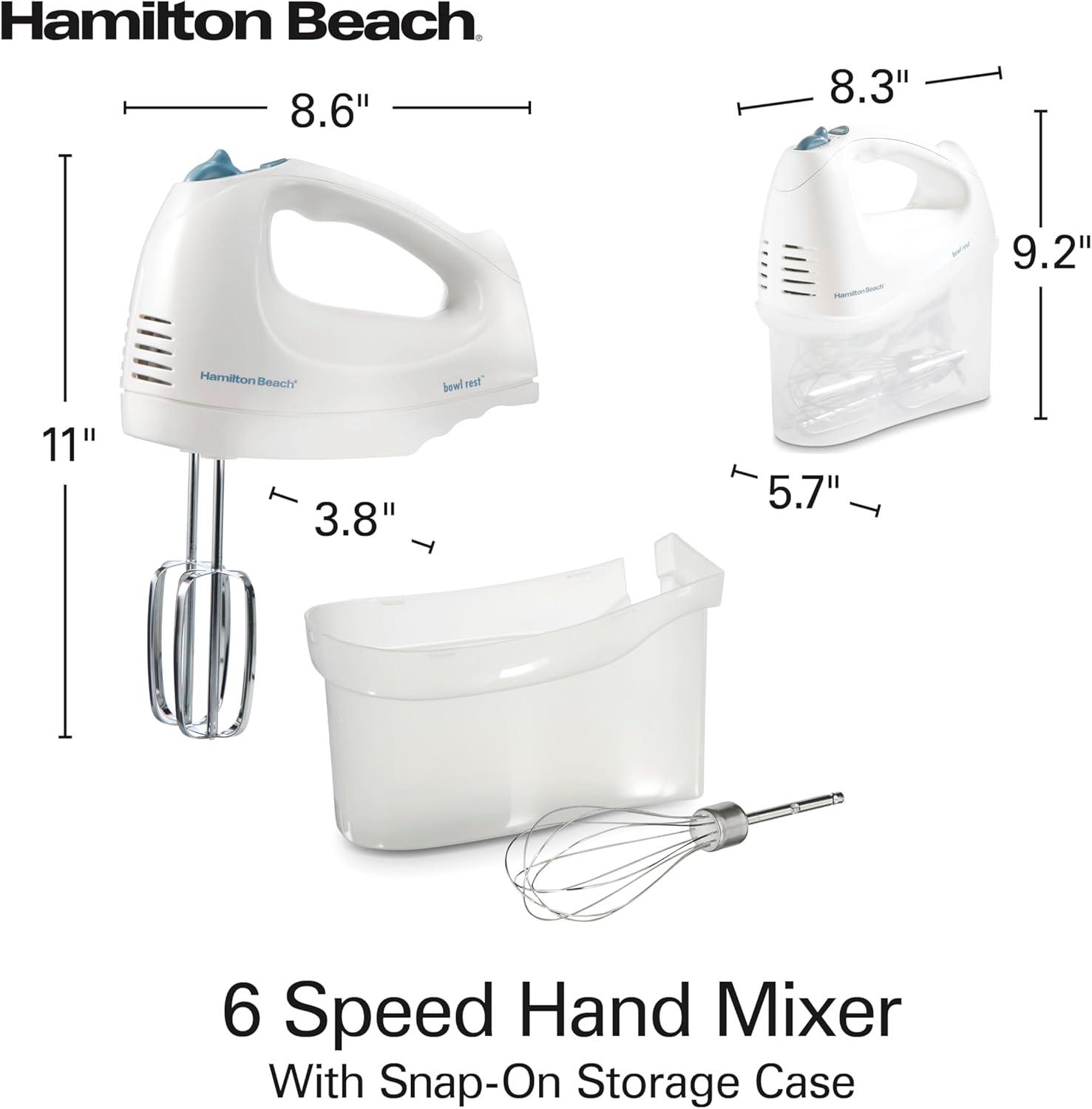 imageHamilton Beach 6Speed Electric Hand Mixer with Whisk Traditional Beaters SnapOn Storage Case 250 Watts White1