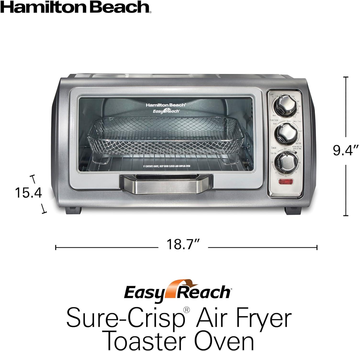 imageHamilton Beach Air Fryer Toaster Oven Combo with Large Capacity Fits 6 Slices or 12 Pizza 4 Cooking Functions for Convection Bake Broil RollTop Door Easy Reach SureCrisp Stainless Steel