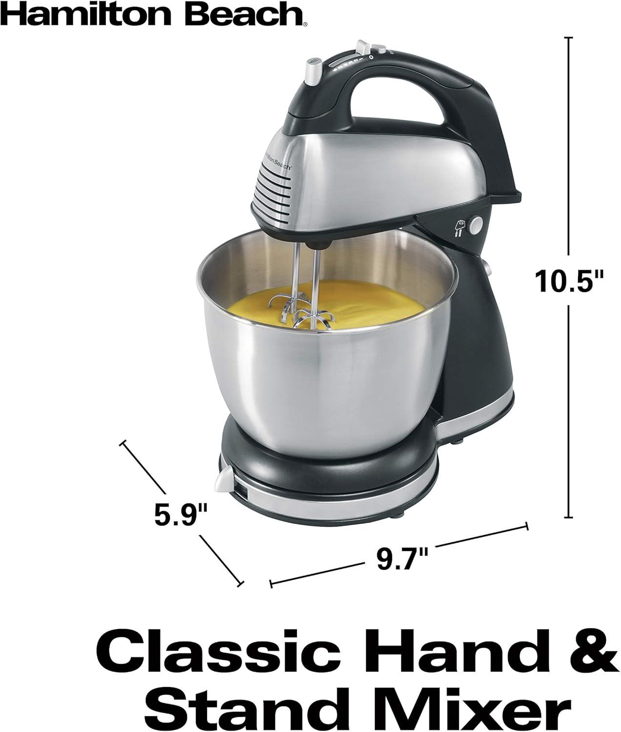 imageHamilton Beach Classic Stand and Hand Mixer 4 Quarts 6 Speeds with QuickBurst Bowl Rest 290 Watts Peak Power Blue 64658Black and Stainless
