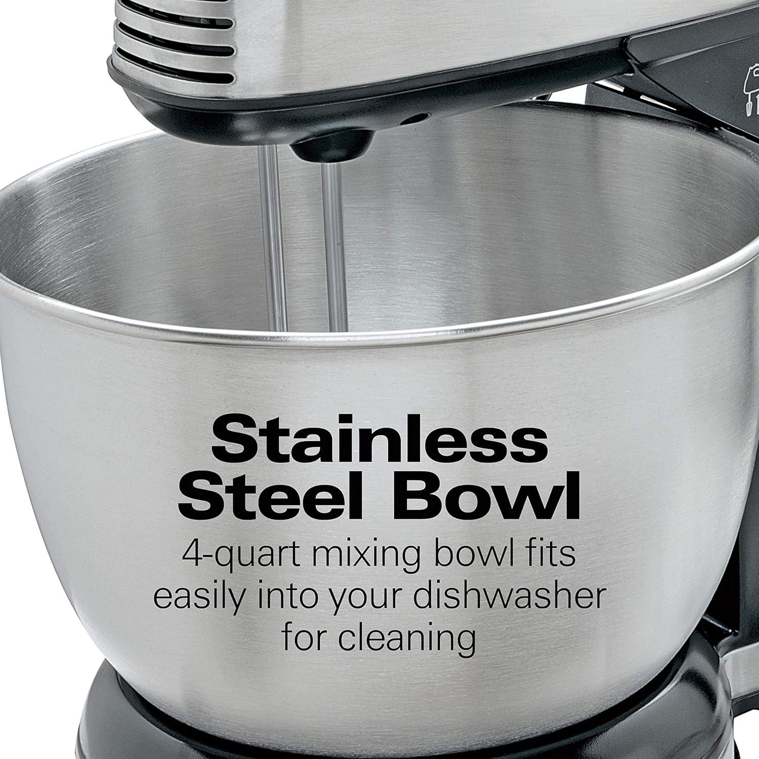 imageHamilton Beach Classic Stand and Hand Mixer 4 Quarts 6 Speeds with QuickBurst Bowl Rest 290 Watts Peak Power Blue 64658Black and Stainless