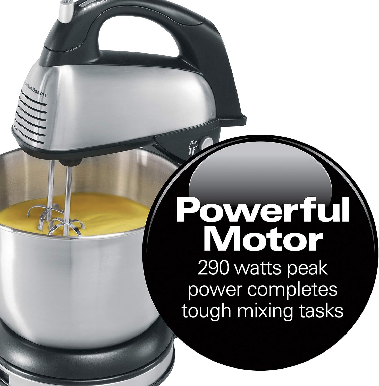 imageHamilton Beach Classic Stand and Hand Mixer 4 Quarts 6 Speeds with QuickBurst Bowl Rest 290 Watts Peak Power Blue 64658Black and Stainless