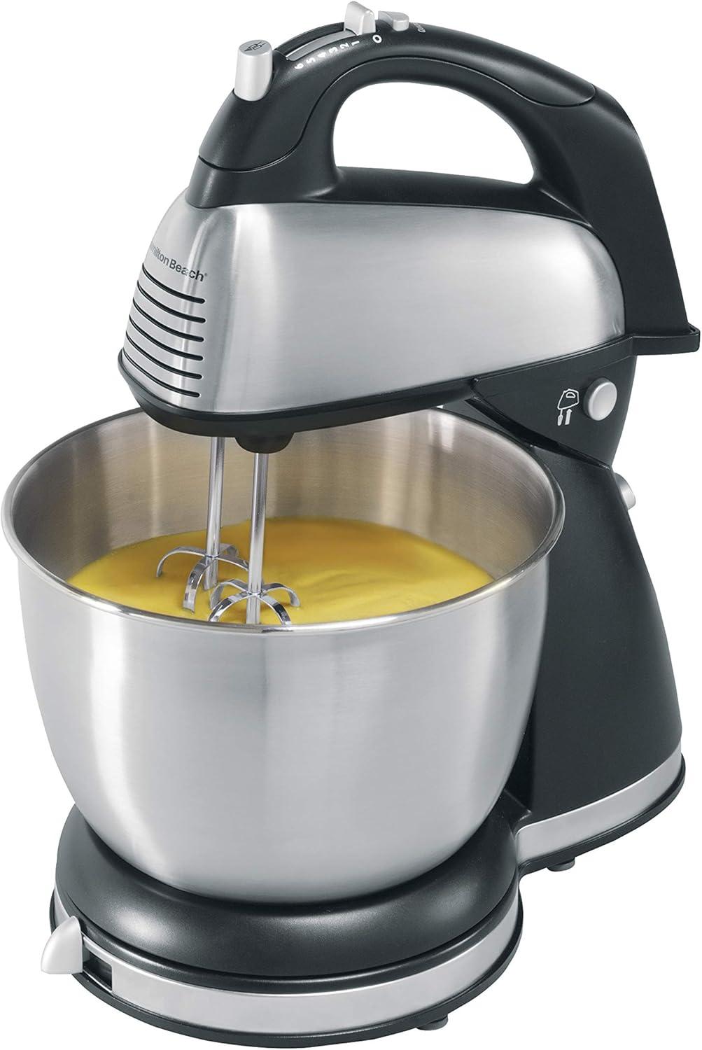imageHamilton Beach Classic Stand and Hand Mixer 4 Quarts 6 Speeds with QuickBurst Bowl Rest 290 Watts Peak Power Blue 64658Black and Stainless