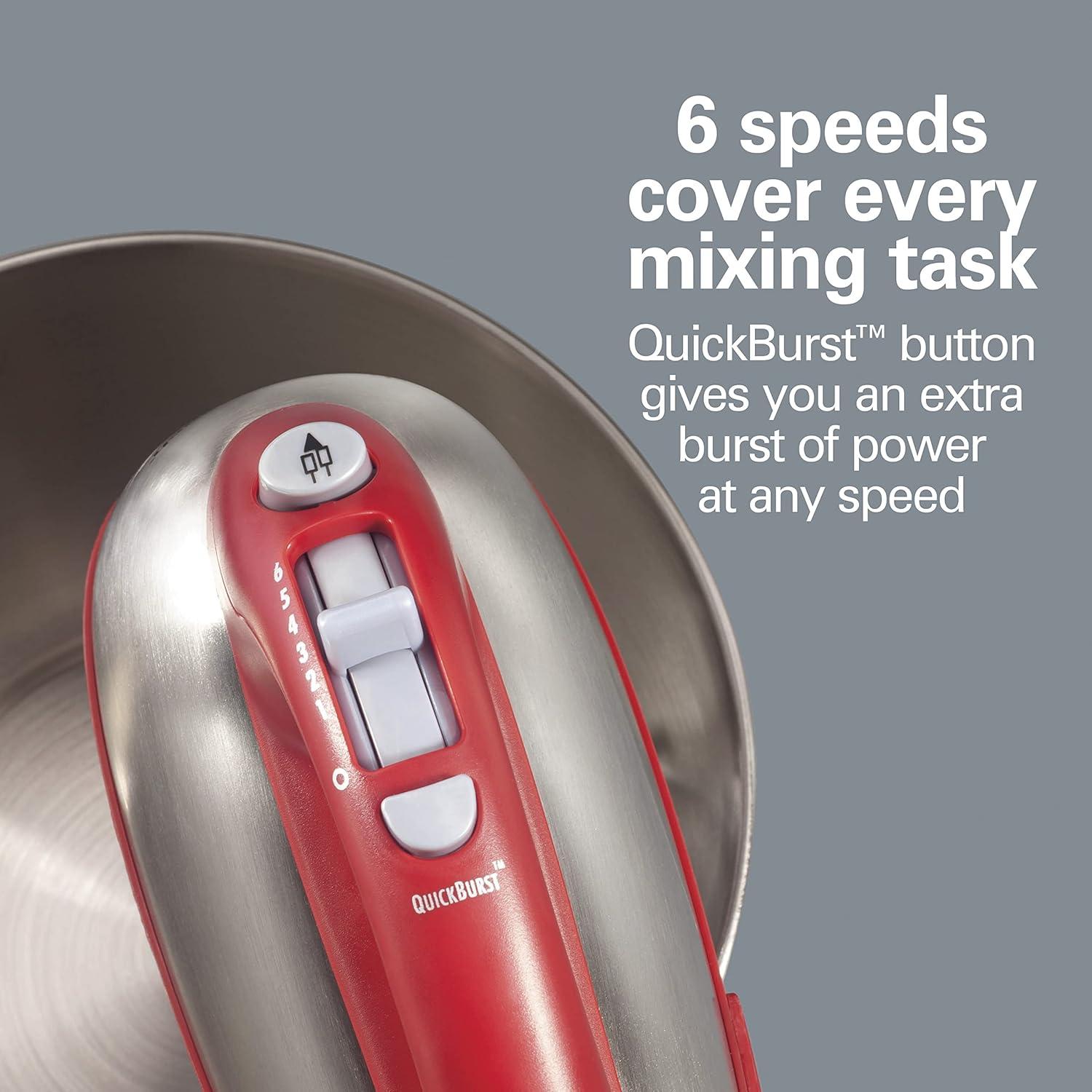 imageHamilton Beach Classic Stand and Hand Mixer 4 Quarts 6 Speeds with QuickBurst Bowl Rest 290 Watts Peak Power Blue 64658Red