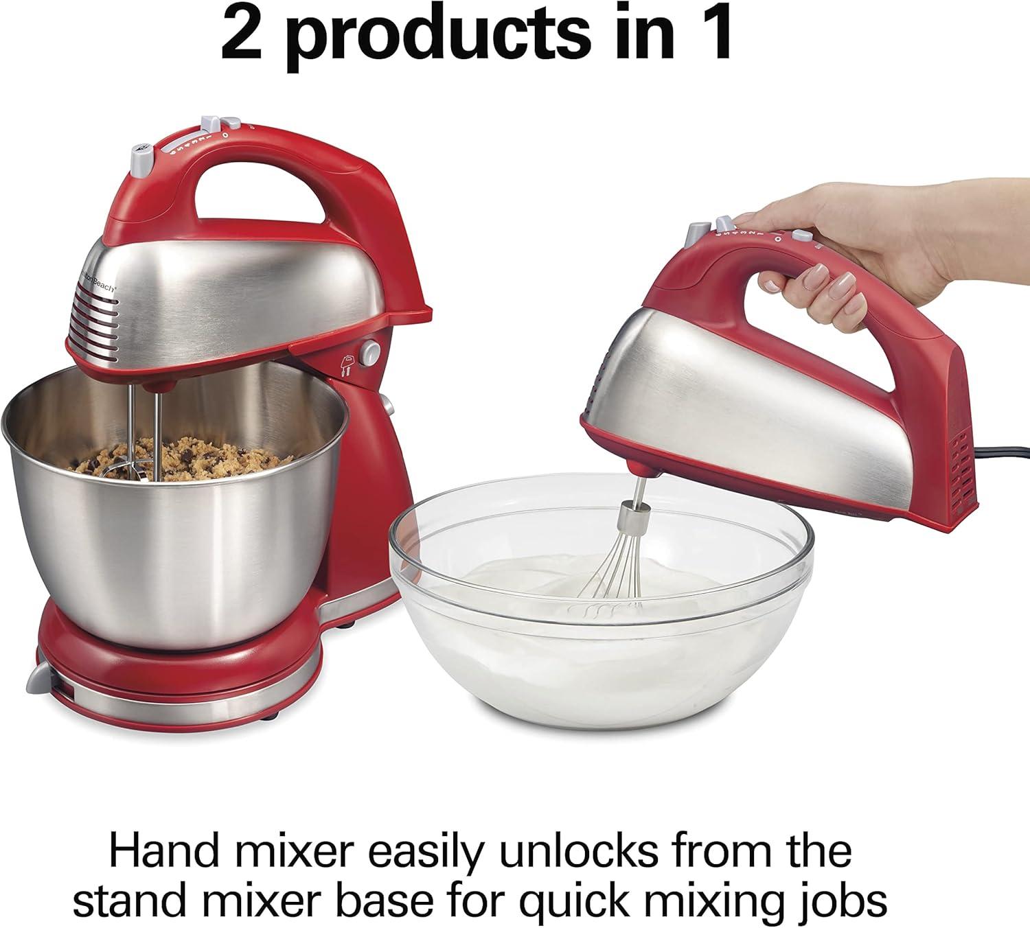 imageHamilton Beach Classic Stand and Hand Mixer 4 Quarts 6 Speeds with QuickBurst Bowl Rest 290 Watts Peak Power Blue 64658Red