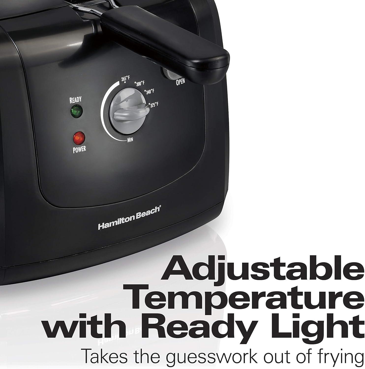 imageHamilton Beach Cool Touch Electric Deep Fryer with Basket and Lid 2 Liters 8 Cups Oil Capacity Adjustable Temperature 1500 Watts for Fast Heatup viewing Window Easy to Clean Black 35021Fryer