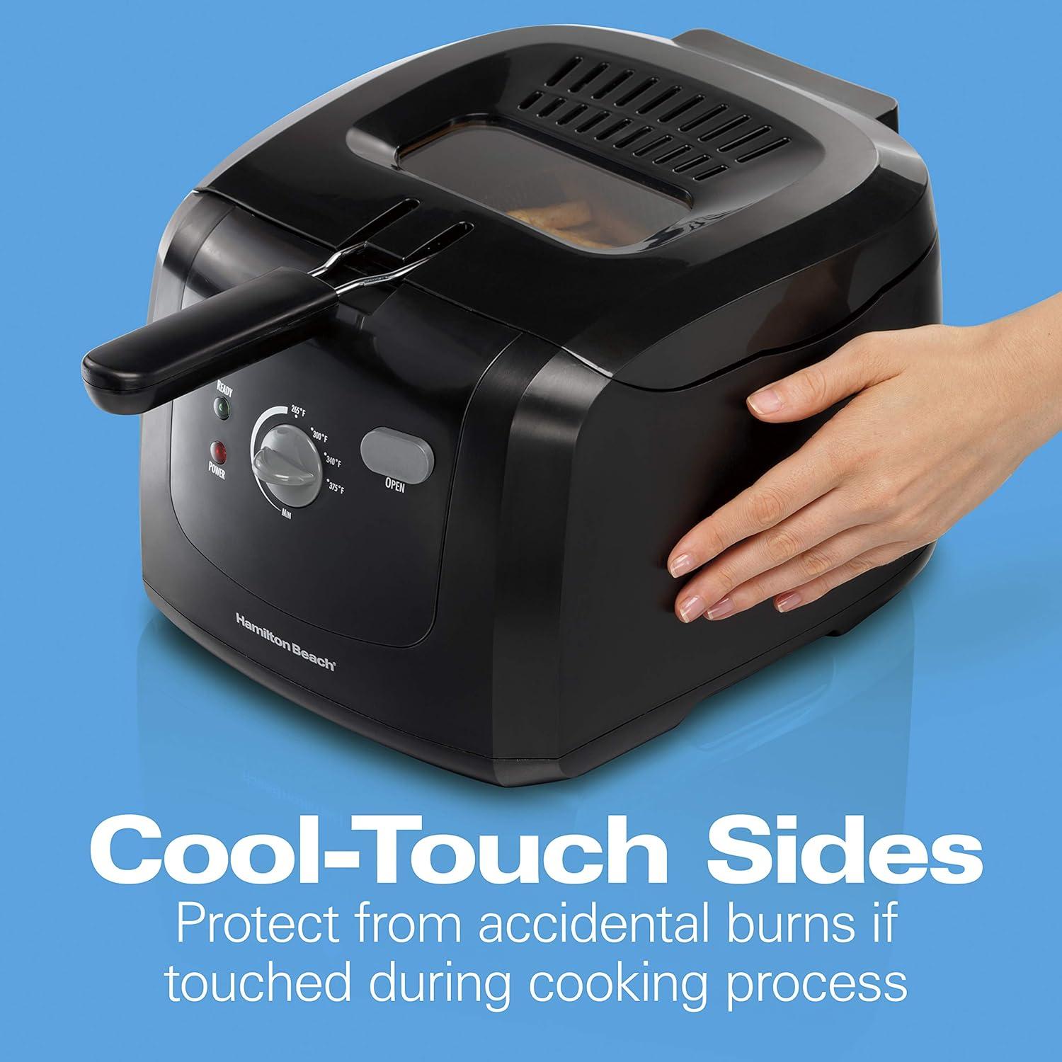 imageHamilton Beach Cool Touch Electric Deep Fryer with Basket and Lid 2 Liters 8 Cups Oil Capacity Adjustable Temperature 1500 Watts for Fast Heatup viewing Window Easy to Clean Black 35021Fryer