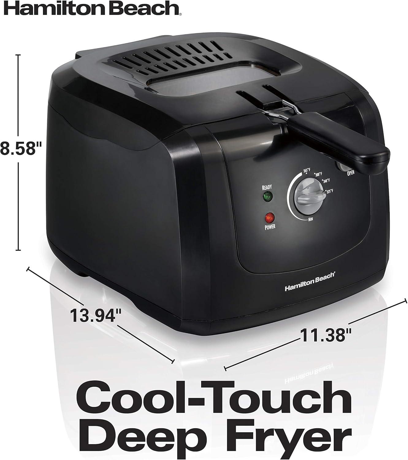 imageHamilton Beach Cool Touch Electric Deep Fryer with Basket and Lid 2 Liters 8 Cups Oil Capacity Adjustable Temperature 1500 Watts for Fast Heatup viewing Window Easy to Clean Black 35021Fryer