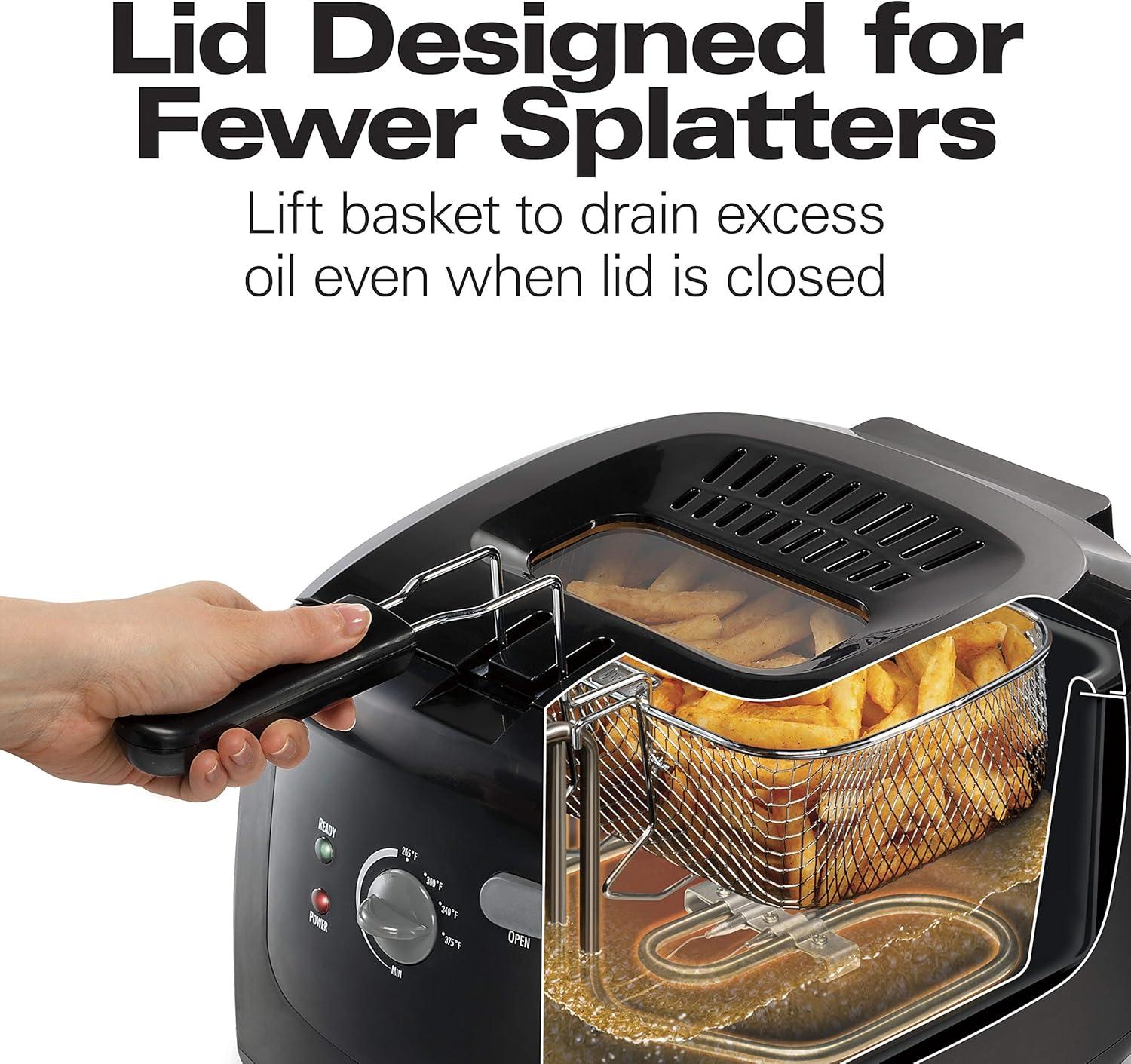 imageHamilton Beach Cool Touch Electric Deep Fryer with Basket and Lid 2 Liters 8 Cups Oil Capacity Adjustable Temperature 1500 Watts for Fast Heatup viewing Window Easy to Clean Black 35021Fryer