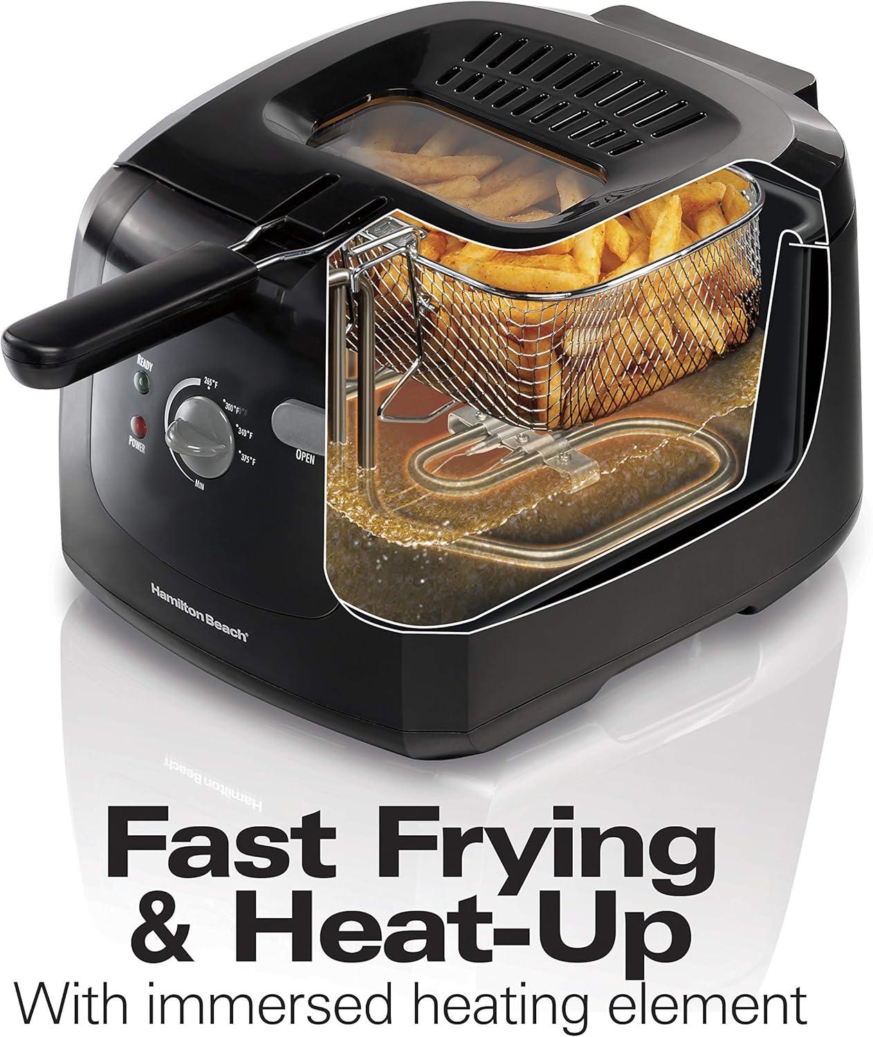 imageHamilton Beach Cool Touch Electric Deep Fryer with Basket and Lid 2 Liters 8 Cups Oil Capacity Adjustable Temperature 1500 Watts for Fast Heatup viewing Window Easy to Clean Black 35021Fryer