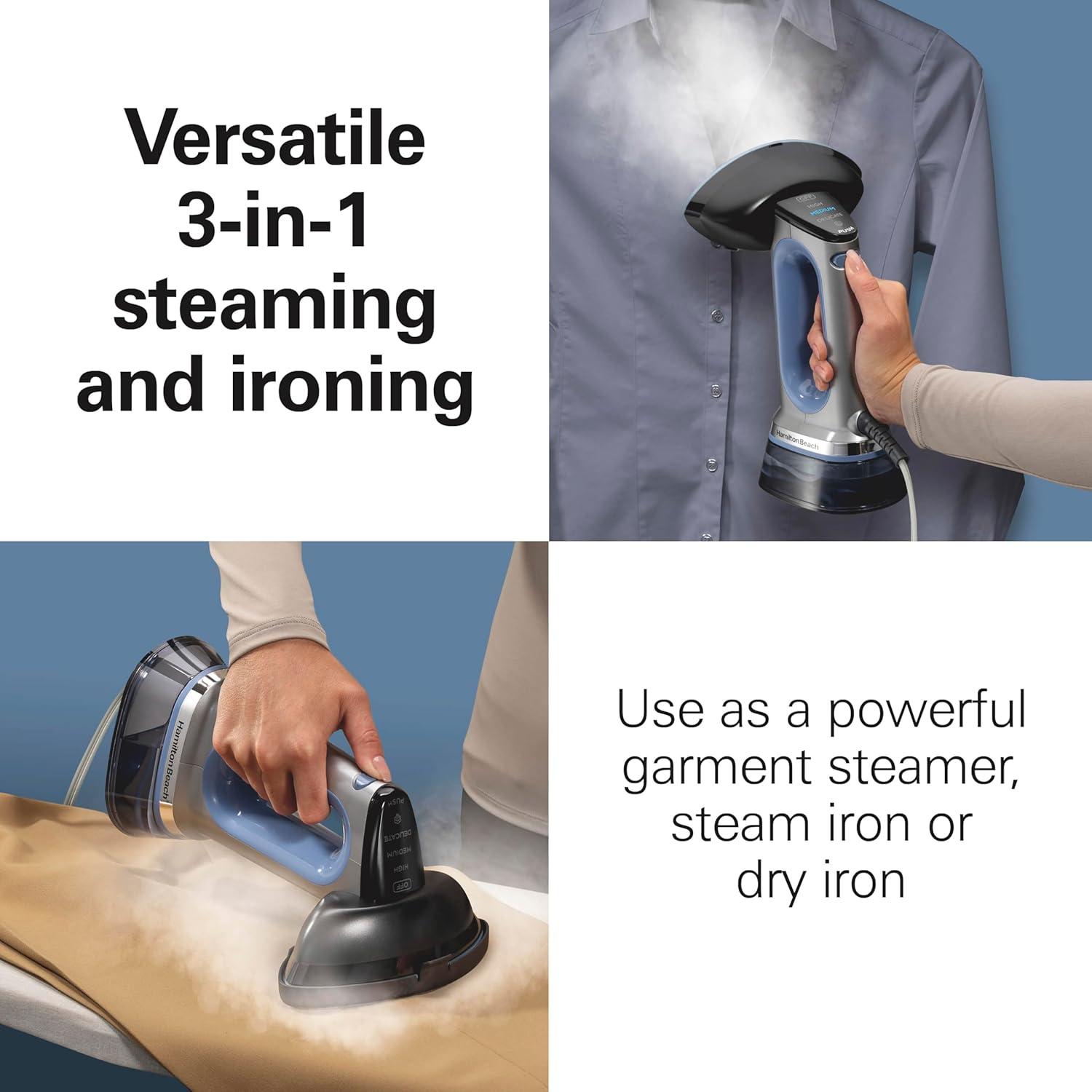 imageHamilton Beach Durathon 3in1 Handheld Garment Steamer for Clothes amp Steam Iron 45 Second HeatUp with 1700 Watts 300ml Removable Water Tank 27 Minutes of Steam Auto Shutoff Gray amp Blue 11559