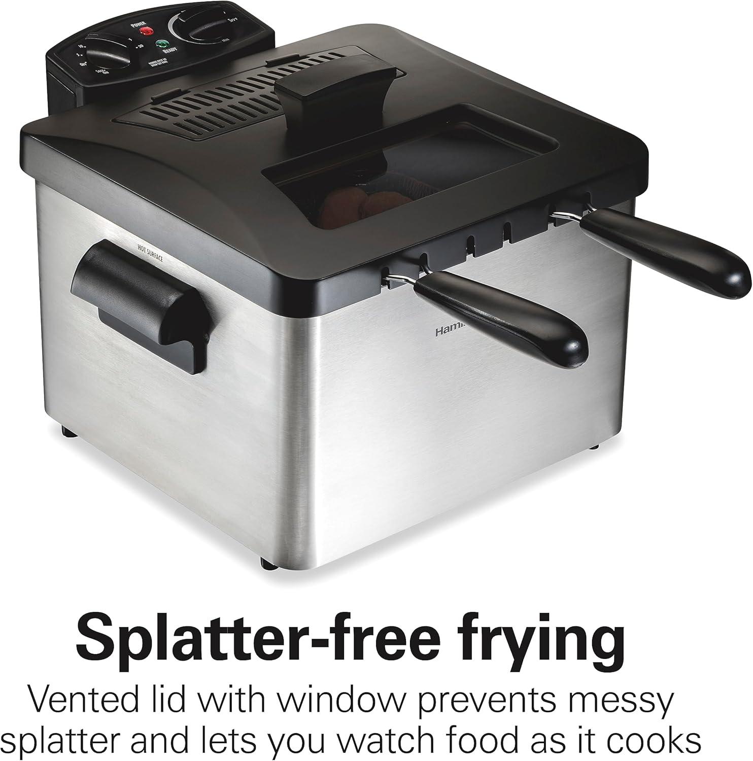 imageHamilton Beach Electric Deep Fryer with 3 Baskets and Lid 45 Liters 19 Cups Oil Capacity Temperature Control View Window Professional Style 1800 Watts Stainless Steel 35034Three Frying Baskets Stainless Steel