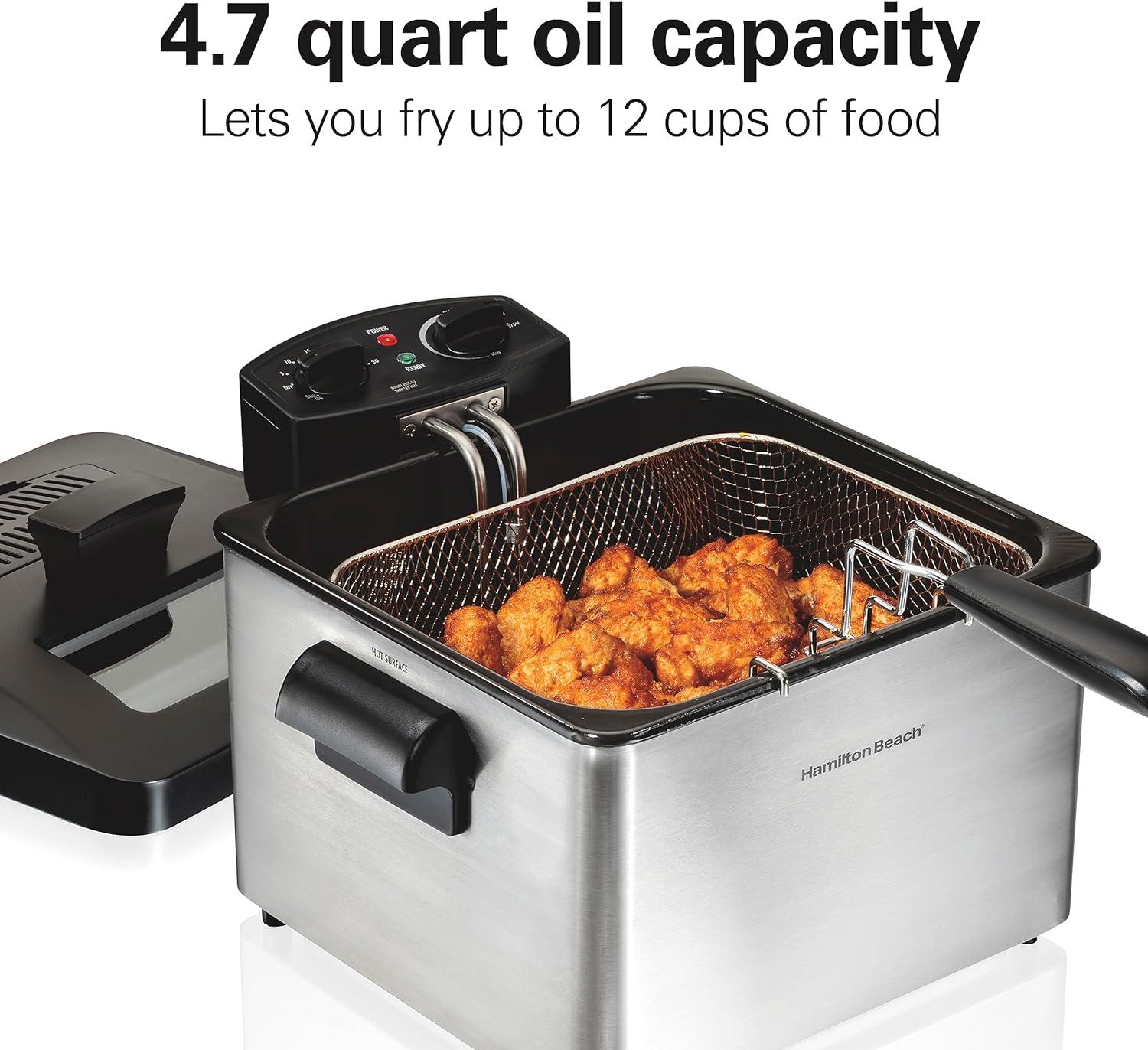 imageHamilton Beach Electric Deep Fryer with 3 Baskets and Lid 45 Liters 19 Cups Oil Capacity Temperature Control View Window Professional Style 1800 Watts Stainless Steel 35034Three Frying Baskets Stainless Steel