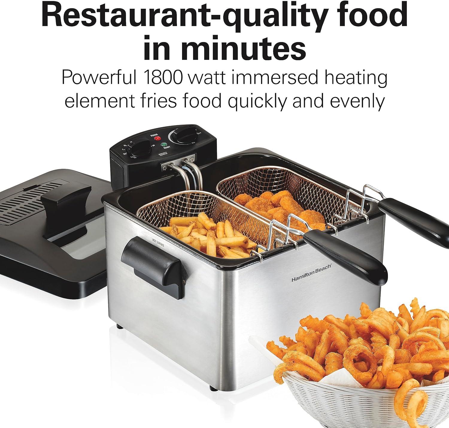 imageHamilton Beach Electric Deep Fryer with 3 Baskets and Lid 45 Liters 19 Cups Oil Capacity Temperature Control View Window Professional Style 1800 Watts Stainless Steel 35034Three Frying Baskets Stainless Steel