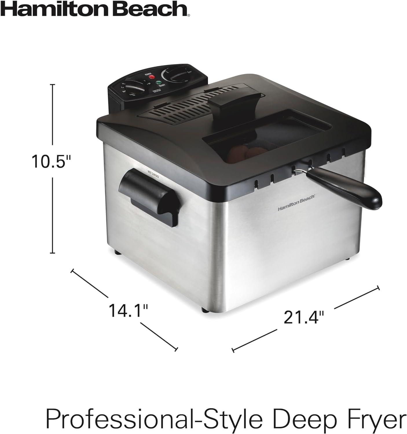 imageHamilton Beach Electric Deep Fryer with 3 Baskets and Lid 45 Liters 19 Cups Oil Capacity Temperature Control View Window Professional Style 1800 Watts Stainless Steel 35034Three Frying Baskets Stainless Steel