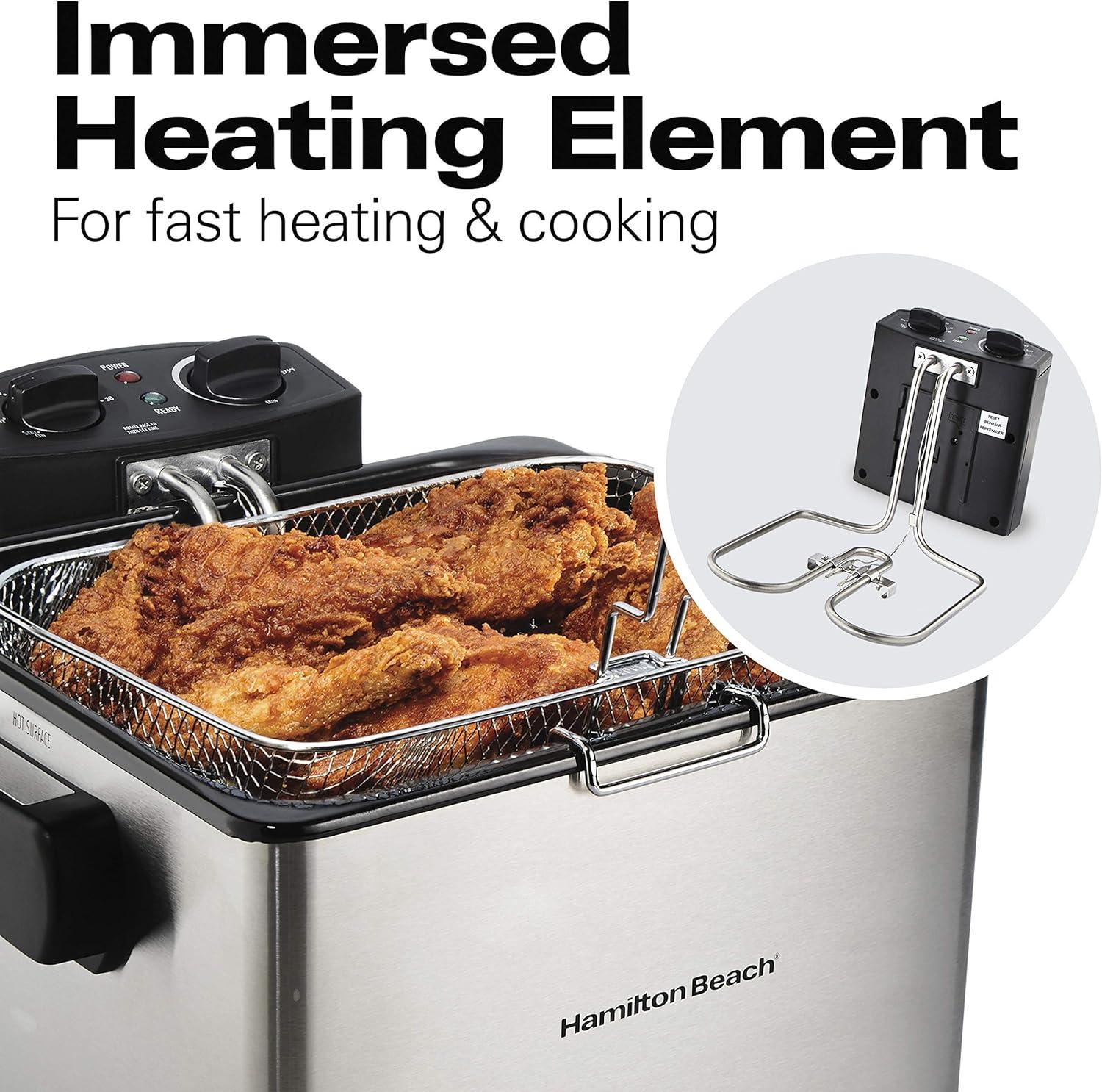 imageHamilton Beach Electric Deep Fryer with Basket and Lid 45 Liters 19 Cups Oil Capacity Temperature Control View Window Professional Style 1800 Watts Stainless Steel 35035AOne XL Frying Basket Stainless Steel