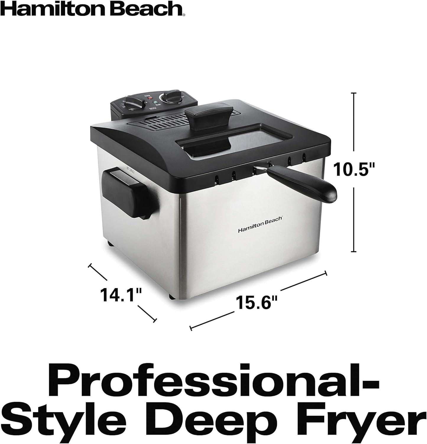 imageHamilton Beach Electric Deep Fryer with Basket and Lid 45 Liters 19 Cups Oil Capacity Temperature Control View Window Professional Style 1800 Watts Stainless Steel 35035AOne XL Frying Basket Stainless Steel