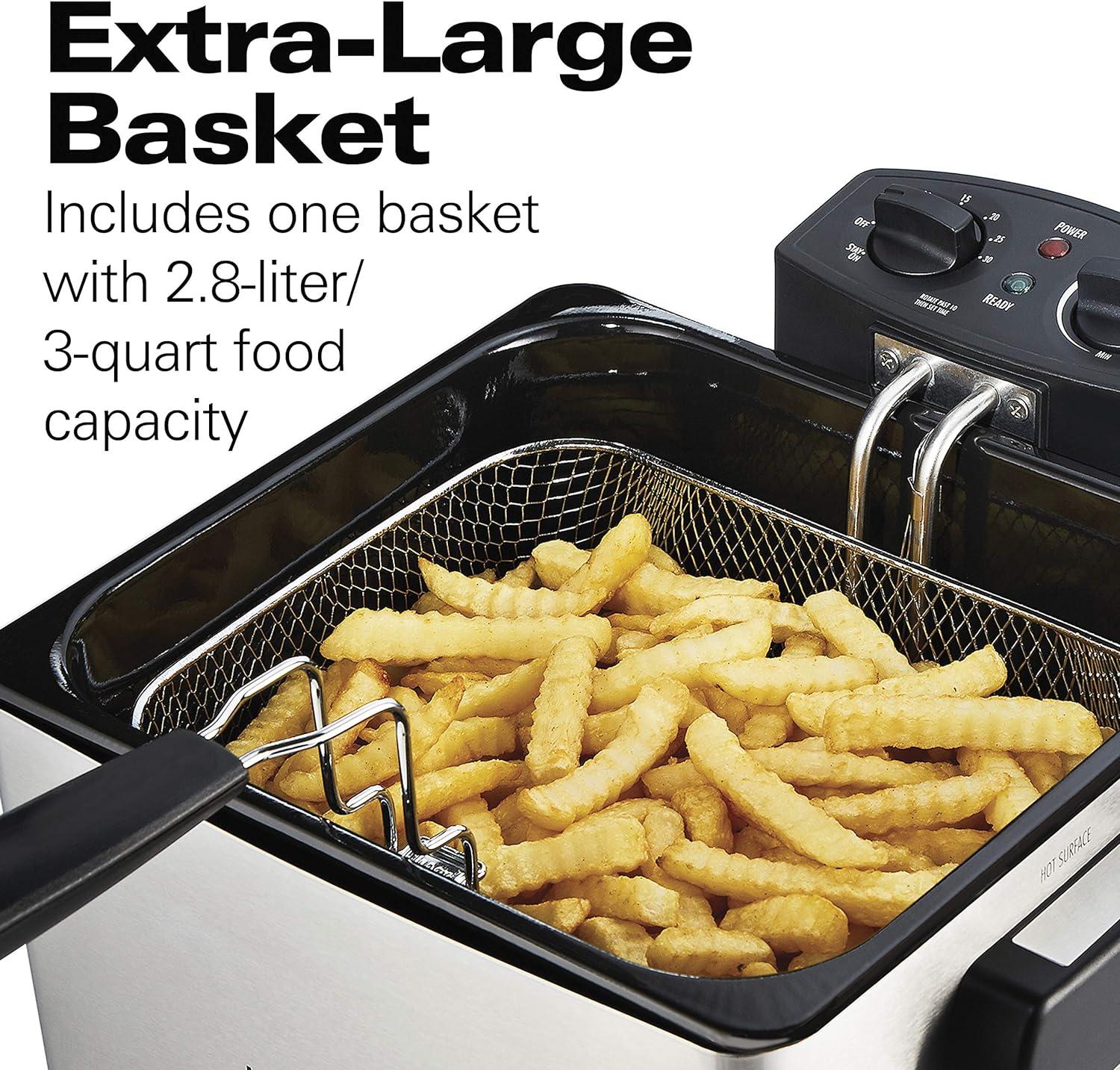 imageHamilton Beach Electric Deep Fryer with Basket and Lid 45 Liters 19 Cups Oil Capacity Temperature Control View Window Professional Style 1800 Watts Stainless Steel 35035AOne XL Frying Basket Stainless Steel