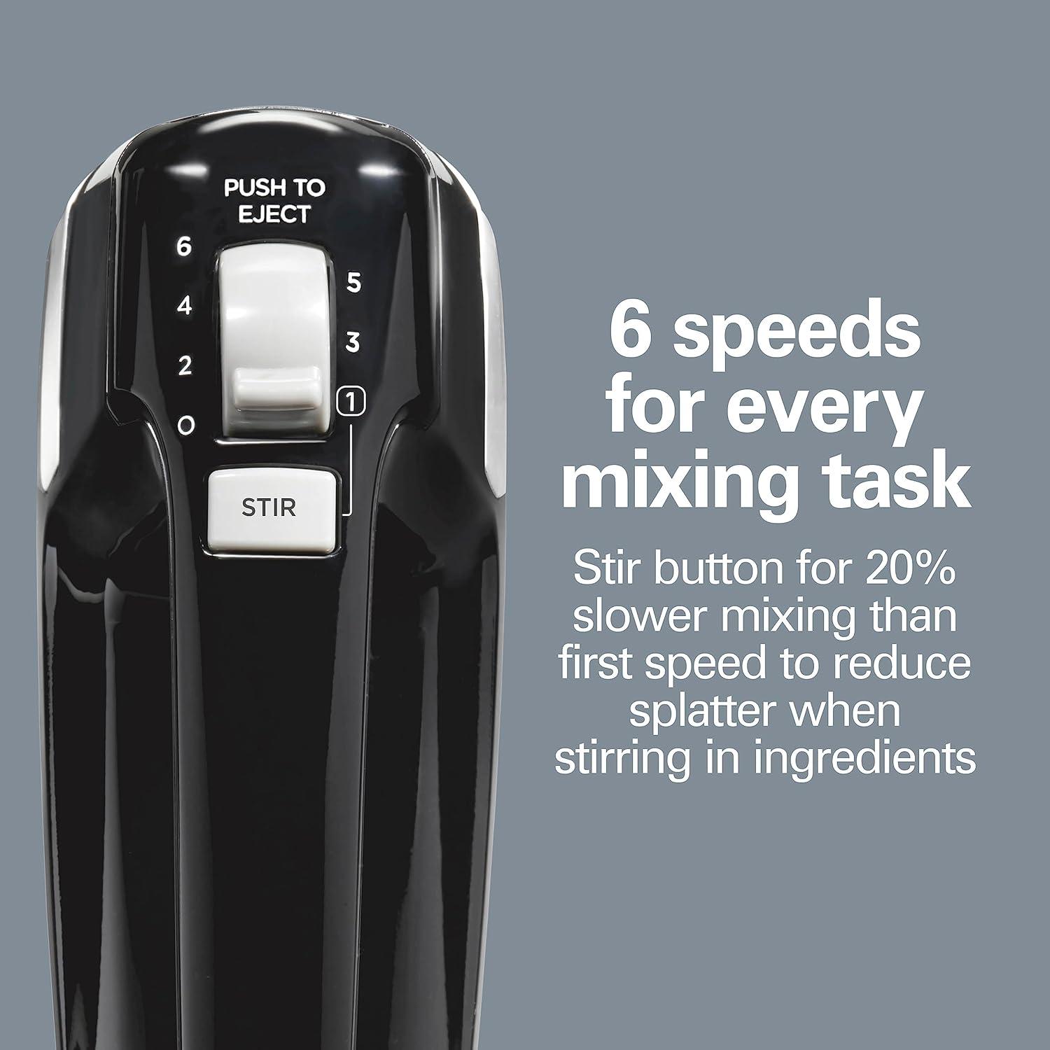 imageHamilton Beach Electric Hand Mixer 6 Speeds Stir Button 300 Watts of Peak Power for Powerful Mixing Includes Whisk and Storage Clip Black 62628