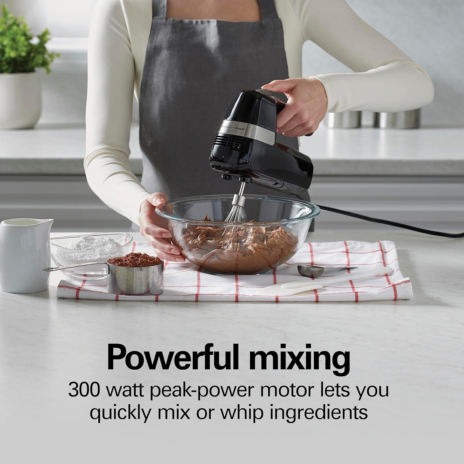 imageHamilton Beach Electric Hand Mixer 6 Speeds Stir Button 300 Watts of Peak Power for Powerful Mixing Includes Whisk and Storage Clip Black 62628