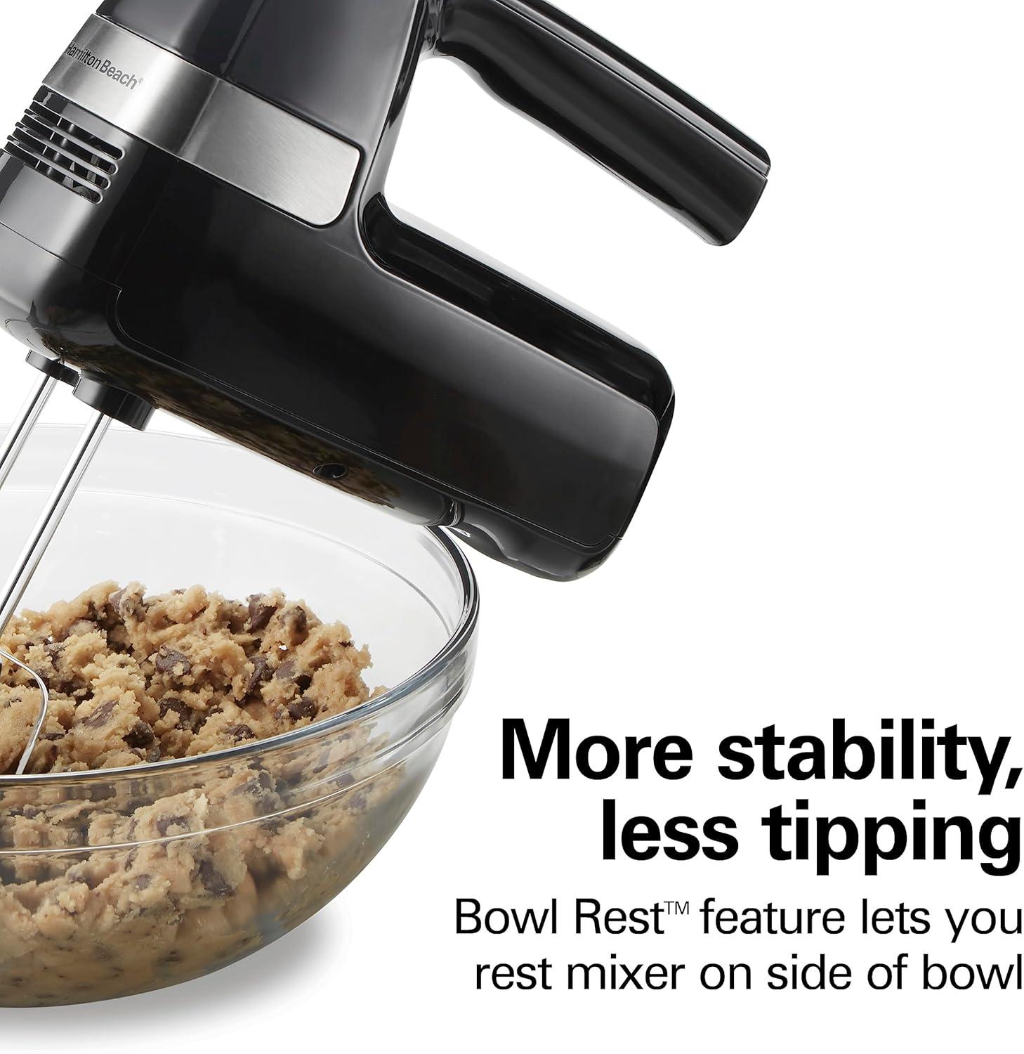 imageHamilton Beach Electric Hand Mixer 6 Speeds Stir Button 300 Watts of Peak Power for Powerful Mixing Includes Whisk and Storage Clip Black 62628