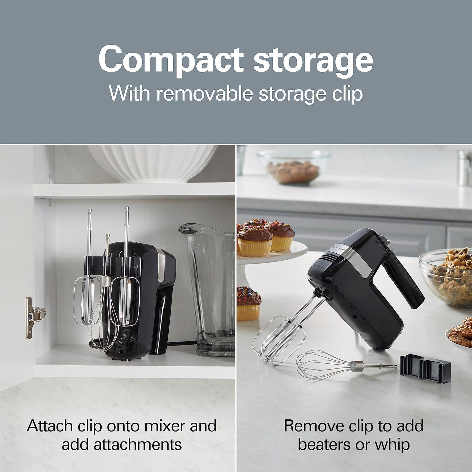 imageHamilton Beach Electric Hand Mixer 6 Speeds Stir Button 300 Watts of Peak Power for Powerful Mixing Includes Whisk and Storage Clip Black 62628