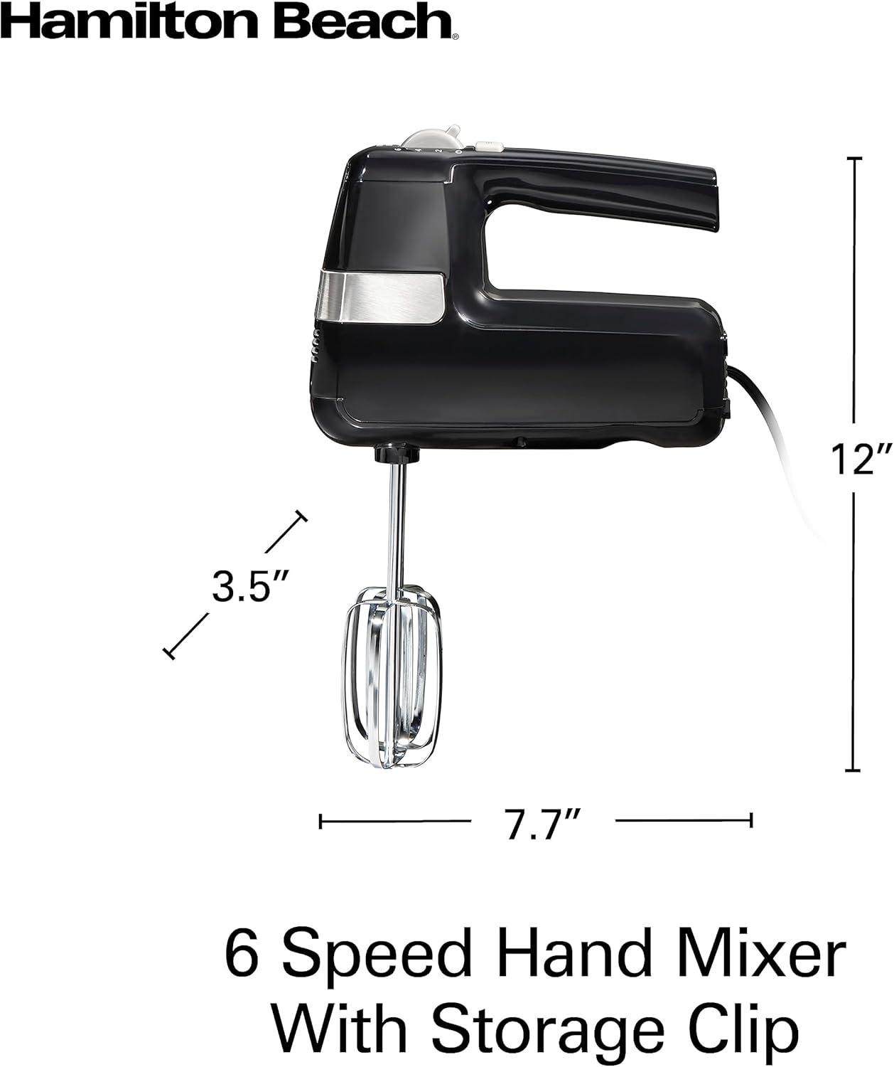 imageHamilton Beach Electric Hand Mixer 6 Speeds Stir Button 300 Watts of Peak Power for Powerful Mixing Includes Whisk and Storage Clip Black 62628