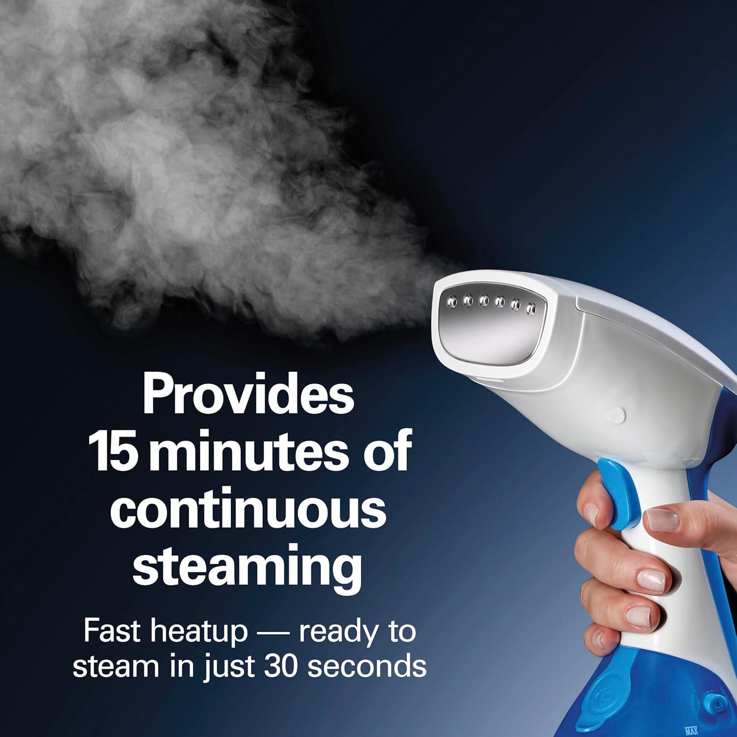 imageHamilton Beach Handheld Garment Steamer for Clothes Fabric and Drapes1200 Watts 400ml Water Tank 20 Minutes of Continuous Steam Vacation Essentials Gray amp Blue 11557White Blue