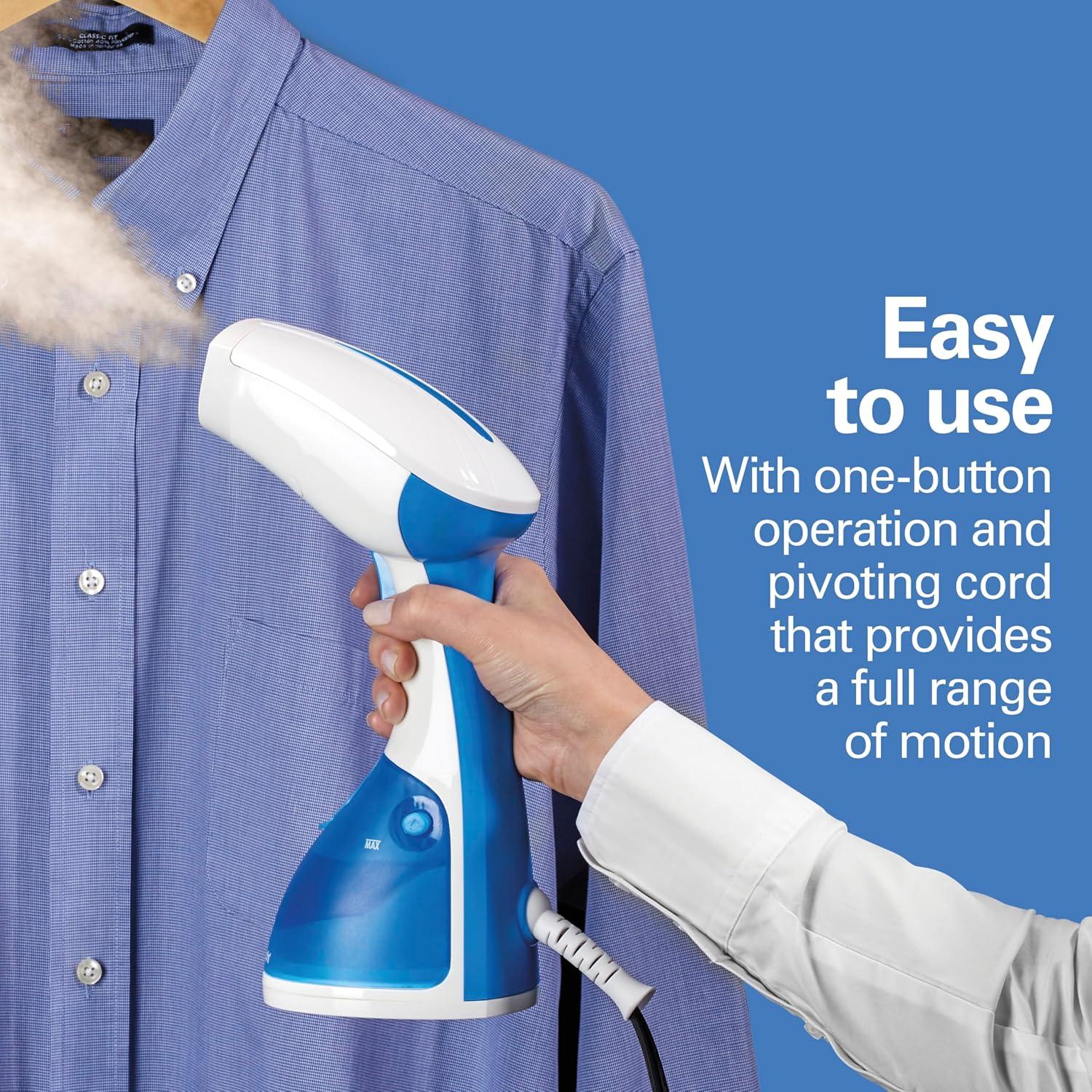 imageHamilton Beach Handheld Garment Steamer for Clothes Fabric and Drapes1200 Watts 400ml Water Tank 20 Minutes of Continuous Steam Vacation Essentials Gray amp Blue 11557White Blue