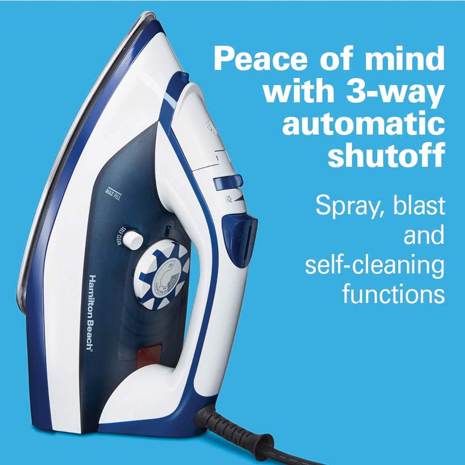imageHamilton Beach Iron amp Garment Steamer for Clothes with Smooth Press Stainless Steel Soleplate 3Way Auto Shutoff 1500 Watts for HighVelocity Steam 10 Cord LeakProof AntiDrip White 146501500 Watts for HighVelocity Steam Pack of 2