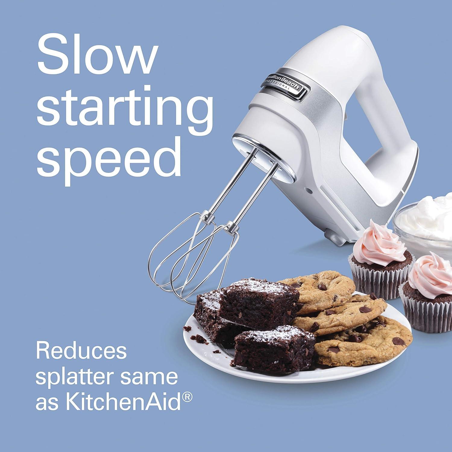 imageHamilton Beach Professional 5Speed Electric Hand Mixer with HighPerformance DC Motor Slow Start SnapOn Storage Case Stainless Steel Beaters Dough Hooks amp Whisk Red and Chrome 62653White